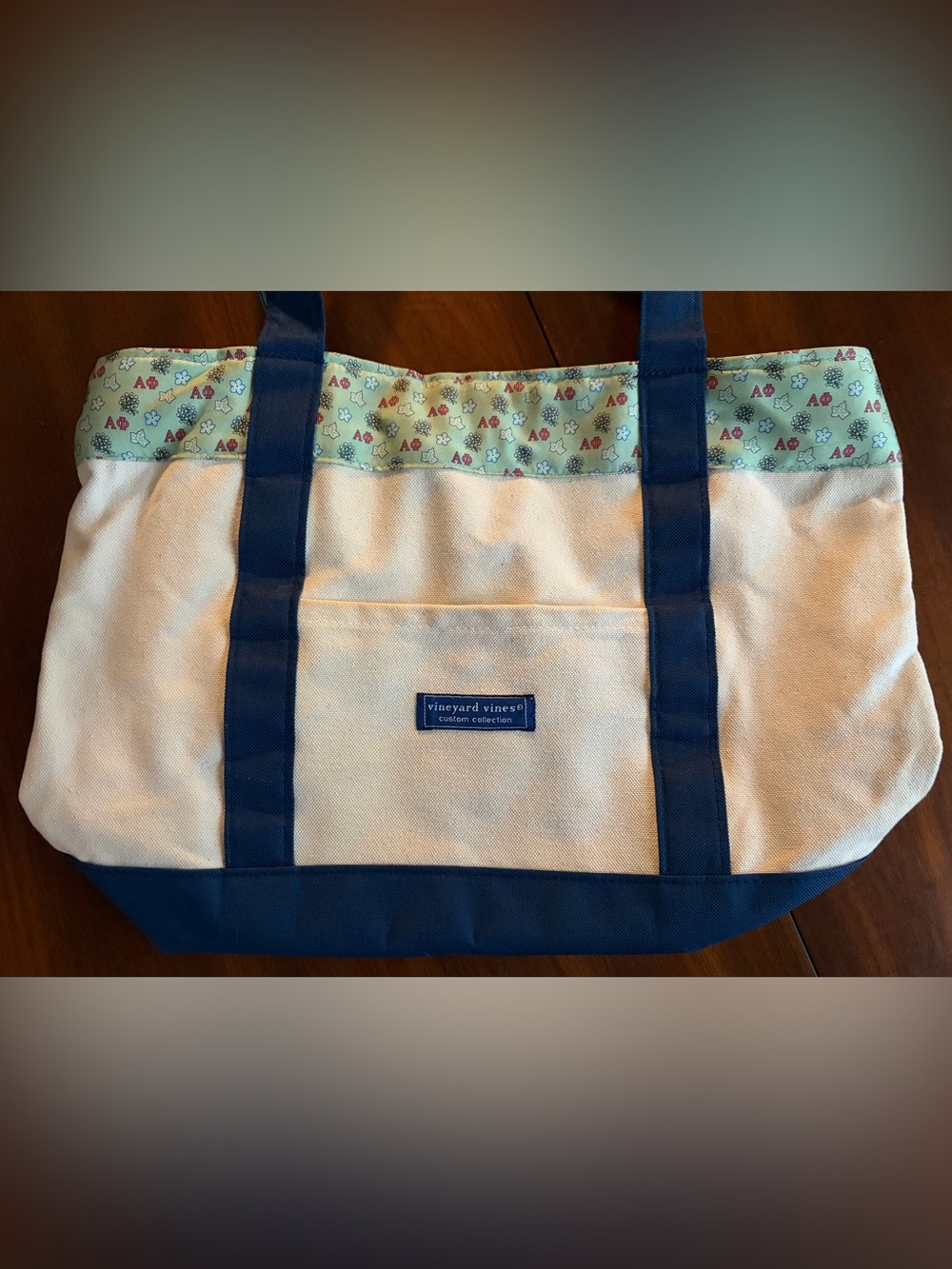 Vineyard Vines Cream Canvas Tote with Navy Handles Alpha Phi Sorority